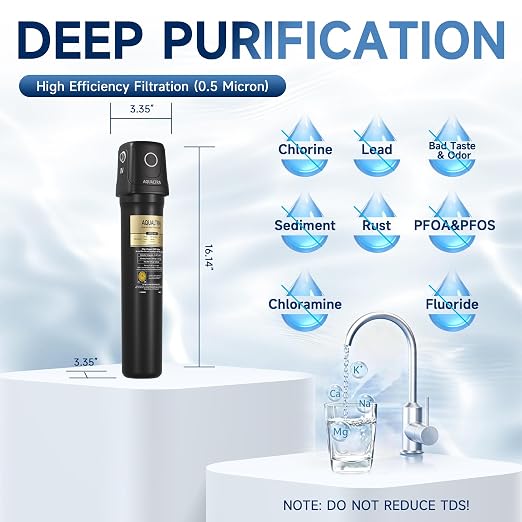 AQUALTRA USF02-BK Under Sink Water Filter System, 20K Gal, NSF/ANSI/CAN 372 Certified, Reduces PFOA, PFOS, Chlorine, Lead, Mercury, Chloramine, Fluoride, Microplastics Particles, Bad Taste & Odor