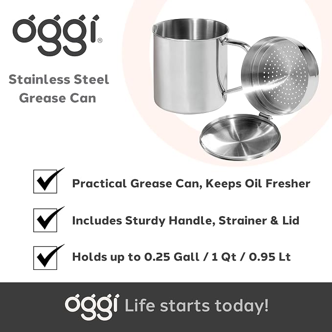 OGGI Stainless Steel Grease Container with Handle, Removable Strainer and Flip Top Lid. Perfect container for fryer oil, bacon drippings, lard and ghee oil. Can capacity - 0.25 Gall / 1 Qt / 0.95 Lt