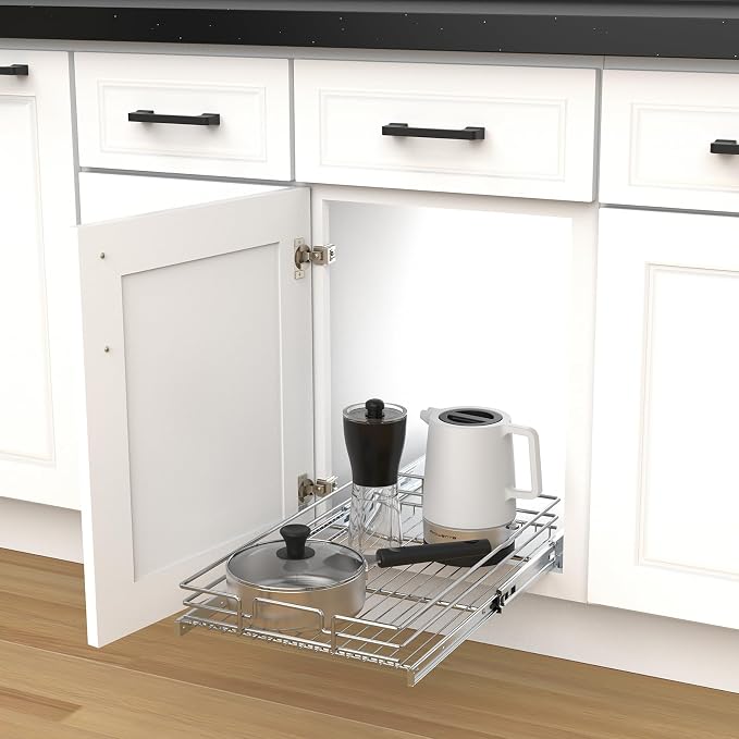 Pull Out Cabinet Organizer, Heavy-Duty Metal Sliding Drawer Shelf for Kitchen Cabinets, Chrome, Doesn't Include Door Fittings (11*21 IN)