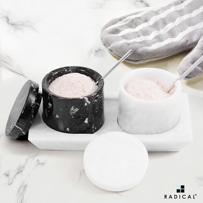 Radicaln Marble Salt Cellar with Lid and Tray 3" Inch Black & White Handmade Salt Dish For Kitchen Countertop, Ideal Set of 2 Seasoning Jars & Table Salt Container For Table