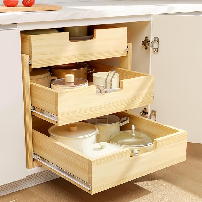 Pull Out Cabinet Organizer, 17''W×21''D Sliding Drawers for Cabinets, 3 Tier Soft Close Slide Out Wooden Pull out Drawers, Base Cabinet Organization for Kitchen, Pantry, Bathroom