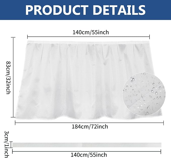 Fabric Sink Skirt for Pedestal Sinks – Waterproof Under Sink Curtain Skirt to Hide Cleaning Supplies – Self-Adhesive, Easy Install, 55 x 32 Inch Bathroom Storage Solution (White)