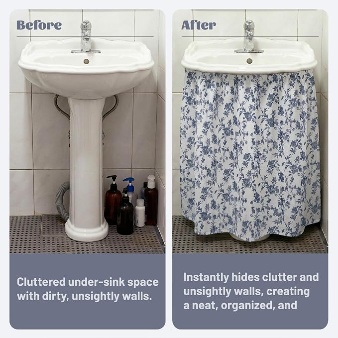 Blue Floral Sink Skirt for Bathroom, Self Stick Adhesive Waterproof Fabric, Cottagecore Under Sink Curtain Skirt, Pedestal Sink Accessories Decor