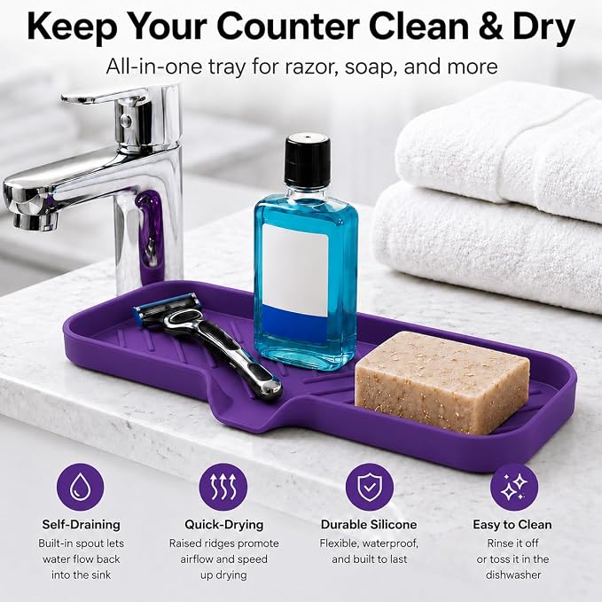 MicoYang Silicone Soap Dish with Drain Spout — Self-Draining Double Sink Organizer Tray for Kitchen & Bathroom, Dispensers, Sponges & Soap Holder, Non-Slip & Dishwasher Safe, Purple (Large, 12"×4")