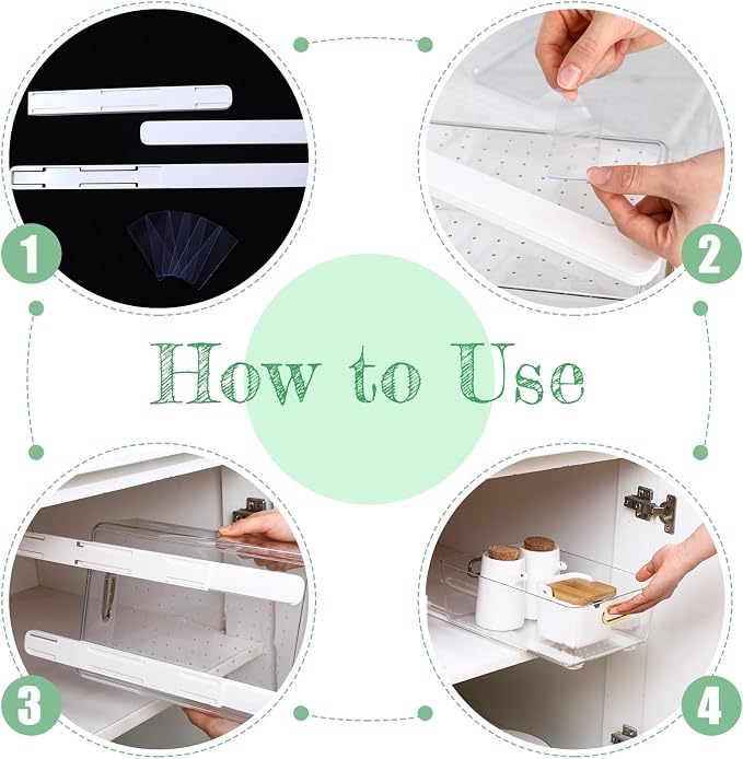 Reallnaive 2 Pcs Clear Pull out Cabinet Organizer with 4 Pcs Adhesive Sliders Rails, Pull out Drawer Organizer Accessories Plastic Slide Storage Drawer for Office Kitchen Bathroom Home School