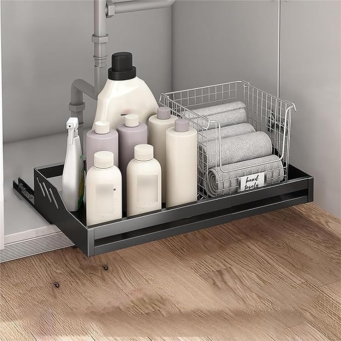 Pull out Cabinet Organizer,Under Sink Organizer, Home Office Organization Hidden Storage Pantry Shelf,No Need Drill and Nailing,for Kitchen Cupboard Cabinet.(Black)