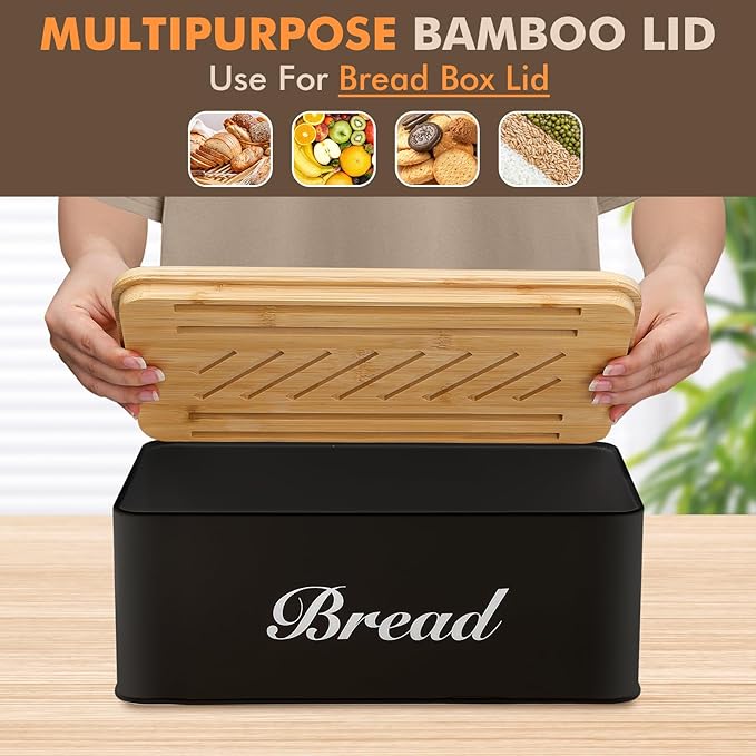 RYTOXILO Bread Slicer with Black Bread Box, Bread Storage Container for Kitchen Countertop with Multifunction Bamboo Lid, 3 in 1 Breadbox for Loaf Slicing & Tray, Bread Holder for Kitchen