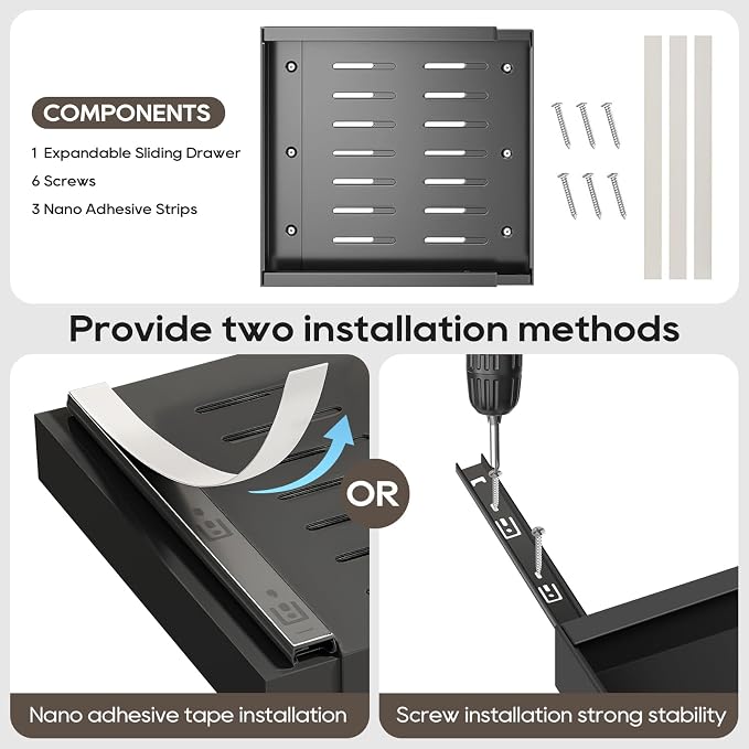 Expandable Pull Out Cabinet Organizer 16.5" Deep, 3 Rails Slide Out Drawer for Kitchen Cabinet, Adjustable No Drill Roll Out Shelf Adhesive with Nano Film 12.2"-20.5" W Black 1 Pack