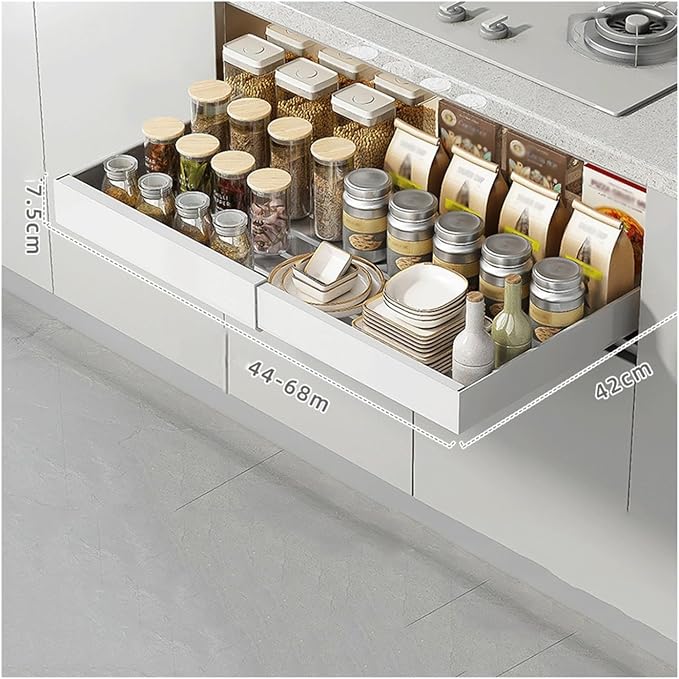 Expandable Drawer Orga PullOut Kitchen Storage Solution Adjustable No Drill Design for Cabinets ng Drawer System，46-68cm X 42cm X 7.5 Cm-1PCS，46-68cm X 42cm X 7.5 Cm-1PCS