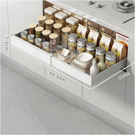 Expandable Drawer Orga PullOut Kitchen Storage Solution Adjustable No Drill Design for Cabinets ng Drawer System，46-68cm X 42cm X 7.5 Cm-1PCS，46-68cm X 42cm X 7.5 Cm-1PCS