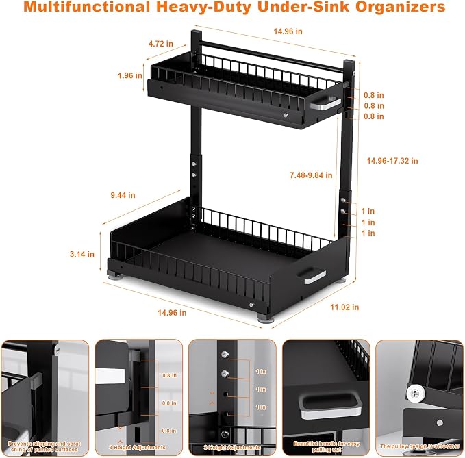 Under Sink Organizer, 2 Tier Slide Out Cabinet Organizer with Pulley, Height Adjustable Pull Out Shelf for Kitchen, Bathroom, Laundry and Utility Storage, Black, 1 Pack