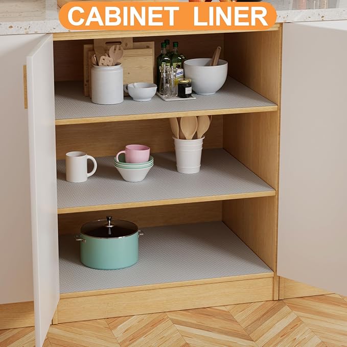 Shelf Liners for Kitchen Cabinets Waterproof: 10 Inch Wide Drawer Liner Light Gray - 10 in × 33 FT Easy to Cut Non-Adhesive Shelf Paper for Pantry