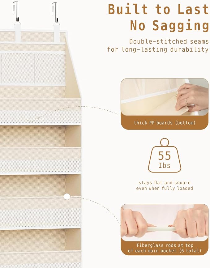 KMSCO Over The Door Organizer, 6 Large Pockets + 13 Mesh Side Pockets, Hanging Storage, 55lbs Capacity, Heavy Duty Non-Woven Fabric for Baby Nursery, Bathroom, Pantry, Closet, Beige, 2 Pack