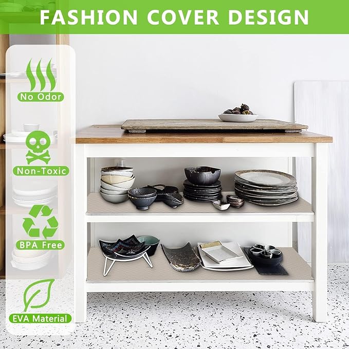 WochiTV Shelf Liner for Cabinets, Drawer 11.8 Inch x 15 Feet, Non Adhesive EVA Plastic Waterproof Protectors Mats for Kitchen, Pantry, Bathroom Closet, Cupboard, Khaki