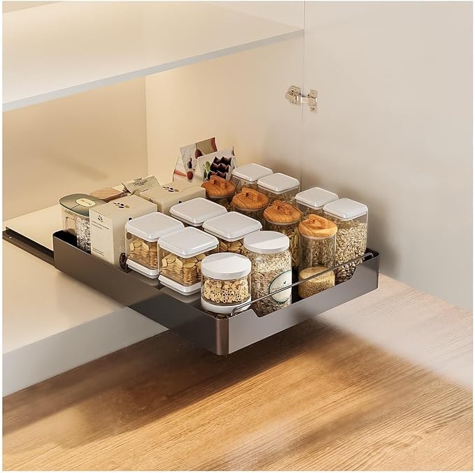 Expandable Pull-Out Cabinet Organizer, Stainless Steel Slide-Out Drawers for Kitchen, Bathroom, Pantry, and Office, No Drilling Required, Adjustable Storage Shelves(43 * 40 * 7cm)