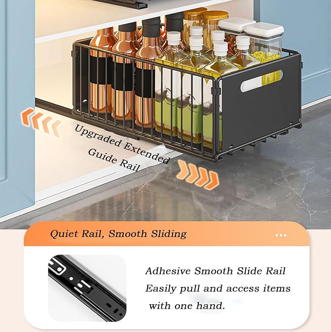 Pull Out Cabinet Organizers Large Capacity with Nano Adhesive Tallened Guardrail Anti Fall Design for Bathroom & Kitchen Cabinets Pantries (White, S-1Pcs +L-1Pcs)