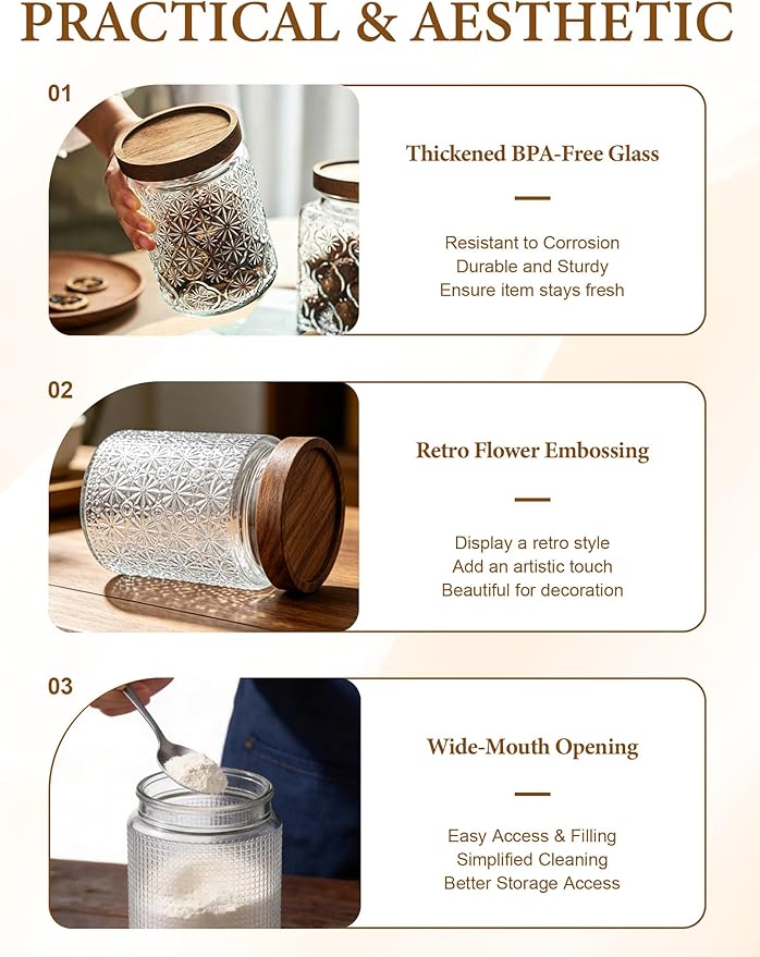 Vintage Glass Jars with Wood Lids - 24 OZ Airtight Storage Container for Kitchen Pantry Bathroom, Decorative Canisters for Coffee Beans, Brown Sugar, Cookie, Candy, Tea Bag, Dog Treat, Flour, Set of 2