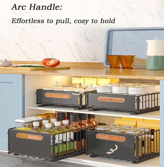 Pull Out Cabinet Organizers Large Capacity with Nano Adhesive Tallened Guardrail Anti Fall Design for Bathroom & Kitchen Cabinets Pantries (White, S-1Pcs +L-1Pcs)
