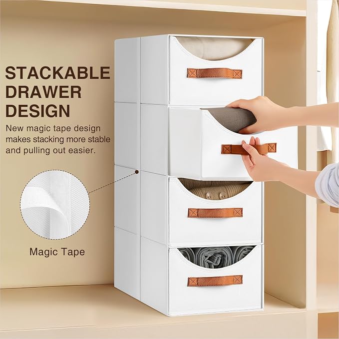 Homsorout Stackable Storage Drawers - Collapsible Storage Bins with Drawers, 8 Pack Closet Shelf Organizer Basket, Fabric Pull Out Organizer for Bedroom, Living Room, Dorm, White