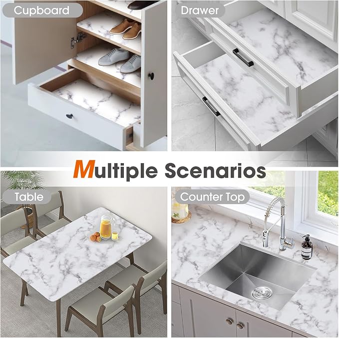 Drawer and Shelf Liner, Non-Slip Kitchen Cabinet Liners Non-Adhesive Thick Strong Grip Waterproof Washable Mats Protect Dresser Shelves Cupboard Bathroom Cabinets, White Marble, 18 in X 10 FT