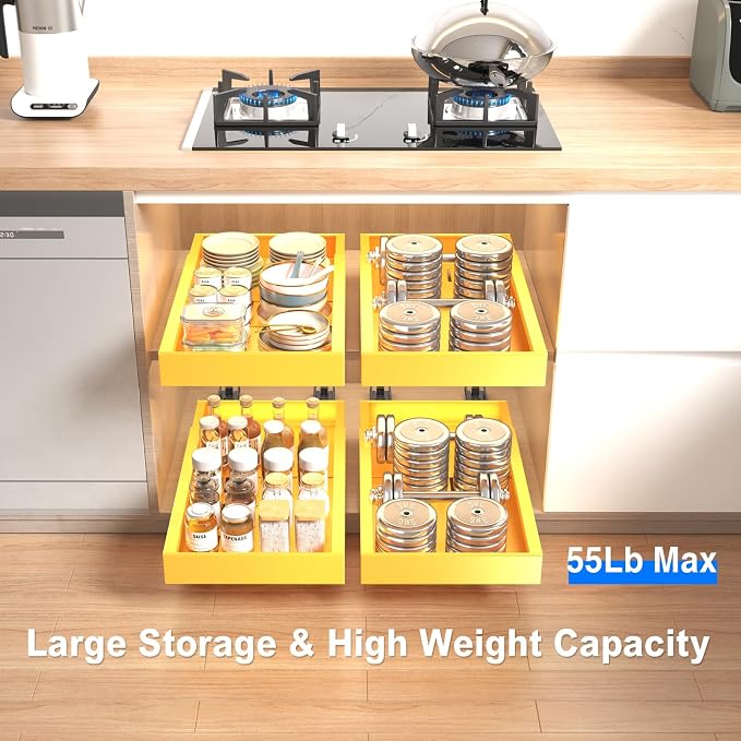 Mustorn 2 Pack Pull Out Cabinet Organizer,21.8" Deep Slide Out Drawer for Cabinets Adhesive Pull Out Drawers Heavy Duty Pull Out Shelves for Kitchen,Cupboard,Pantry,Bathroom-Yellow