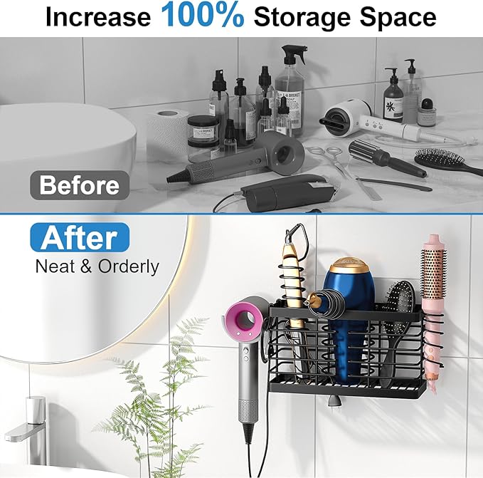 Sevenblue Hair Tool Organizer, 3-in-1 Universal Hair Dryer Holder, Adjustable Height Metal Blow Dryer Holder Wall Mounted/Over Cabinet Door/Free-Standing, 12.2 * 5 * 6.1" (XL Black)