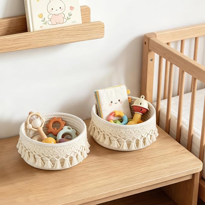 Mkono Macrame Makeup Brush Holder Organizer Comb Brushes Mini Storage Basket Set of 2 Boho Decor Baskets for Pen Pencil Box Container, Small, Ivory