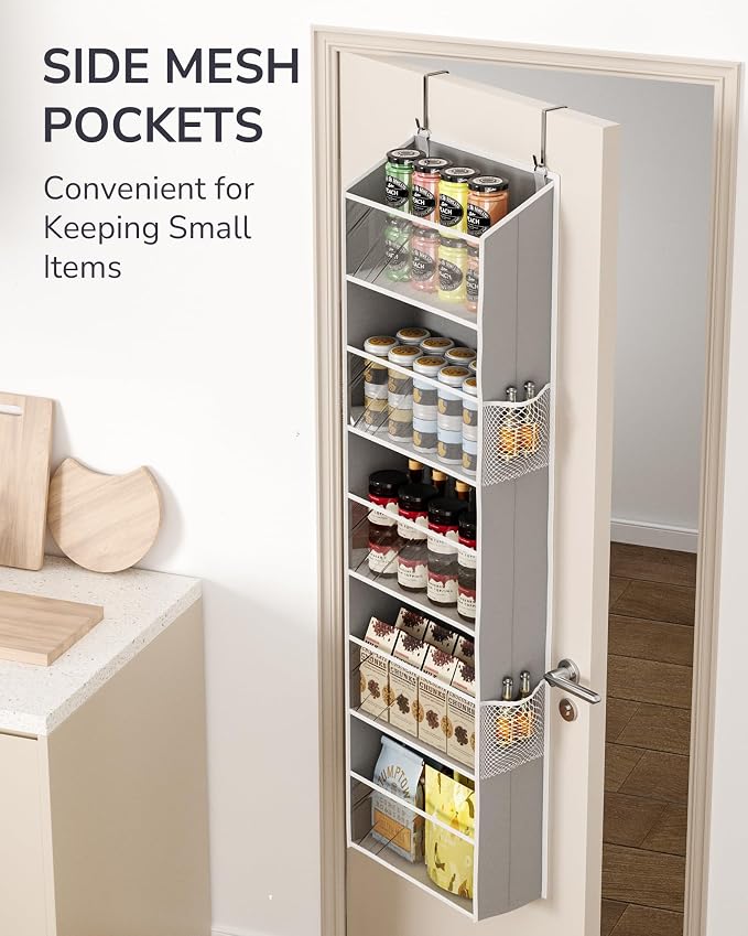 ULG Clear Over The Door Organizer 5-Tier Hanging Storage with 4 Side Pockets,Back of Door Organizer for Pantry, Bathroom, Nursery, Light Grey