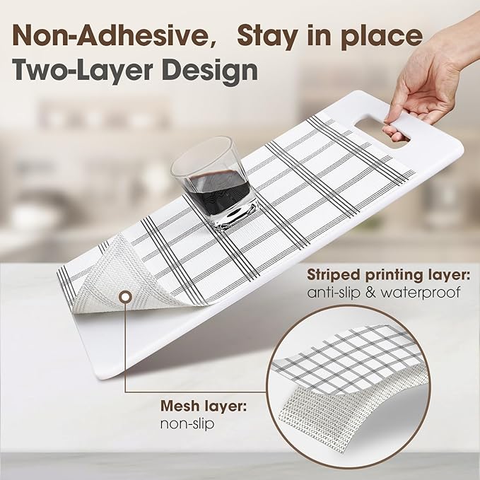 Drawer and Shelf Liner, Non-Slip Kitchen Cabinet Liners Non-Adhesive Thick Strong Grip Waterproof Washable Mats Protect Dresser Shelves Cupboard Bathroom Cabinets, White Stripes, 20 in X 10 FT