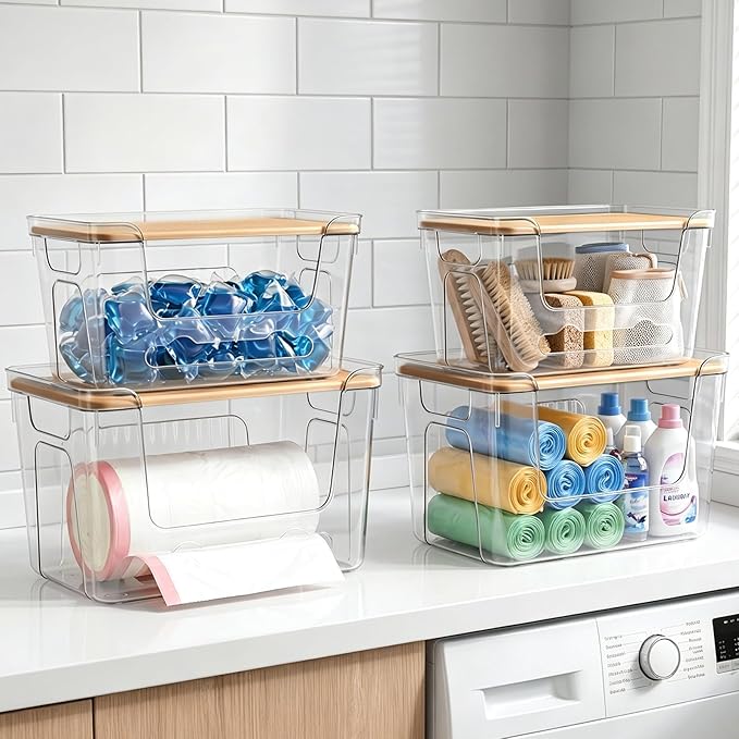 CANTAMI 4 Pack Trash Bag Dispenser With Lid, Stackable Plastic Trash Bag Holder, Clear Trash Bag Organizer for Kitchen, Laundry Room, Under Sink Organization and Storage