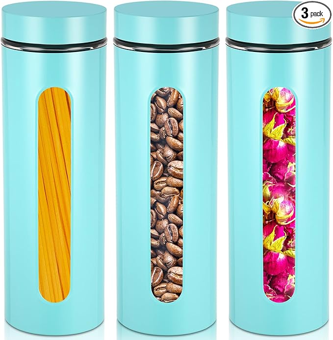 Mimorou 3 Pcs Stainless Steel Canister Set with Glass Windows Visible Storage Jars Silver Kitchen Canister Set for Pasta Flour Oat Sugar Container, Kitchen Tools, Housewarming Gifts(Turquoise,60 oz)