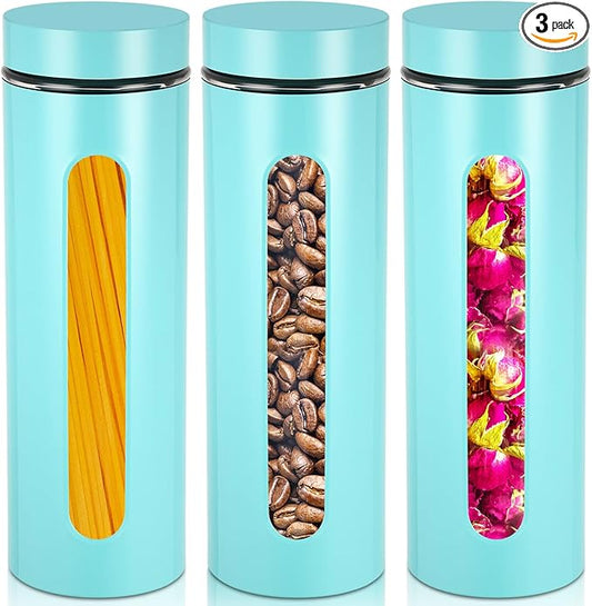 Mimorou 3 Pcs Stainless Steel Canister Set with Glass Windows Visible Storage Jars Silver Kitchen Canister Set for Pasta Flour Oat Sugar Container, Kitchen Tools, Housewarming Gifts(Turquoise,60 oz)