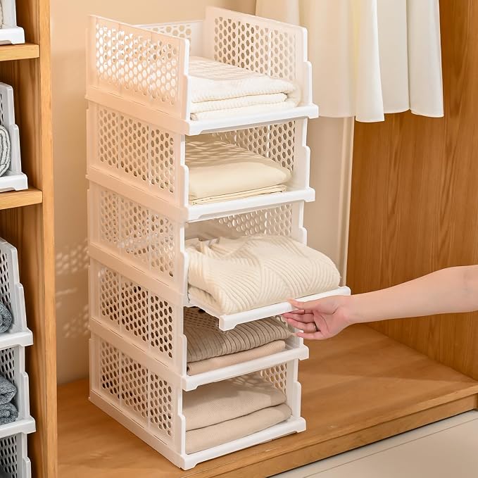 Pull-out Plastic Storage Basket,Stackable Closet Organizers Drawer Anti-Tipping, Reinforced Stable Shelf Container for Bathroom Laundry Room Storage, Space-Saving Clothes Storage (white, Large-5pcs)