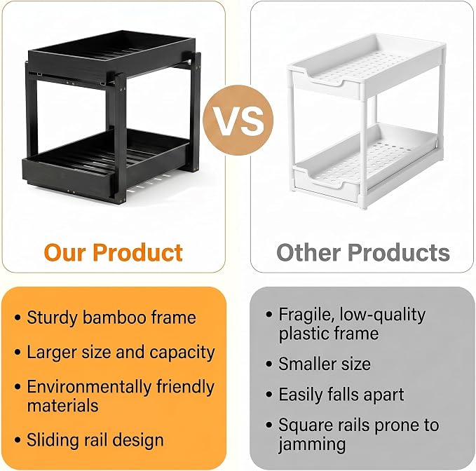 Bamboo Under Sink Storage 2 Tier Pull Out Cabinet Organizer Slide Out Under Sink Storage Shelf Undersink Organizers Shelves for Kitchen Bathroom Organization (Black, 2 Pack)