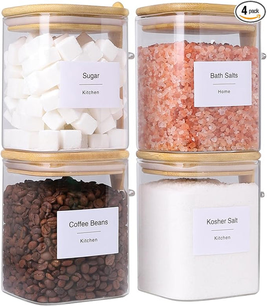 TIPGO 27oz Glass Food Storage Jars Set of 4,Clear Glass Storage Containers with Bamboo Lids,Pantry Organization Jar, Spice, Coffee and Sugar Container, Small Canister Set for Kitchen
