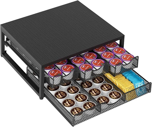 Coffee Pod Holder For Counter, 3 Pull-Out 72 K-Cup Holder Drawer, Wooden Cafe Pods Storage Organizer with Sliding Drawers for Coffee Station, Home, Kitchen, Office, Dorm (Black)