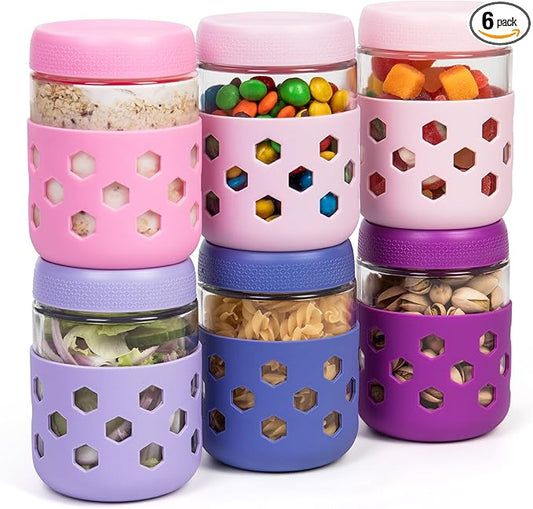 Gemice 6-Pack 16 oz Overnight Oats Containers with Lids and Silicone Sleeves, Glass Mason Jars with Airtight Lid, Dishwasher Safe, Wide Mouth Chia Seed Pudding Meal Prep Jar for Yogurt Berries Snack