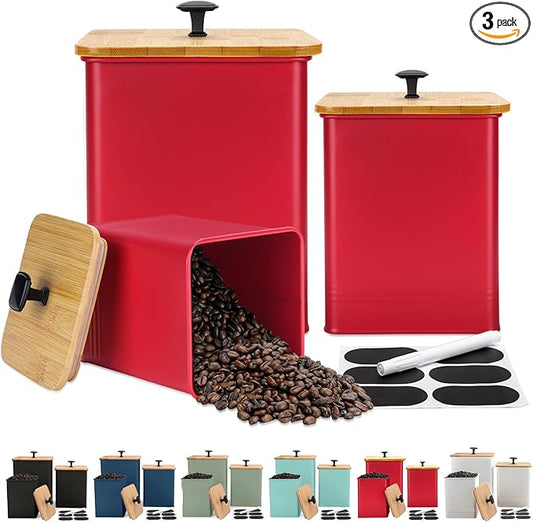 Kitchen Canisters Set of 3, Metal Flour Sugar Storage Containers with Airtight Lids-Canisters Sets for Kitchen with Customizable Chalkboard Labels & Marker Pen-Spice, Coffee Storage Jars(Red)