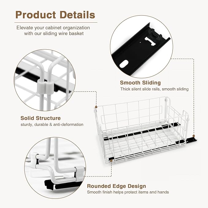 Pull Out Cabinet Sliding Basket Organizer, Heavy Duty Slide Out Drawer for Kitchen Cabinet, No Drill Adhesive Sliding Shelves for Kitchen Bathroom Home, 13.8" D x 8.5" W x 6.3" H, White