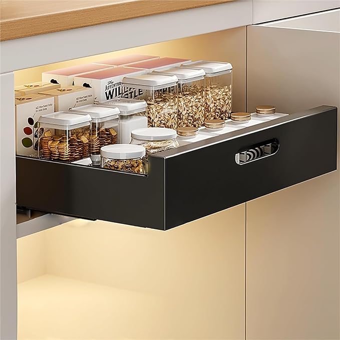 Extendable Pull Out Cabinet No Drill Sliding Drawer Space Saving Storage Solution for Kitchen Bathroom & Pantry，Black 40 * 43 * 7cm