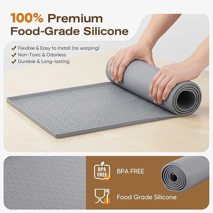 TRZZ Silicone Waterproof Under Sink Mat 22" x 19", Drip Tray and Cabinet Liner for Kitchen and Bathroom, Prevents Water Damage and Organizes Cabinets (Light Grey)