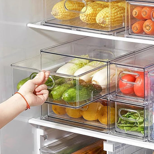 LALASTAR Fridge Drawers, 3-Pack Clear Stackable Pull Out Refrigerator Organizer Bins, Food Storage Containers for Kitchen, Freezer, Vanity & Fridge Organization and Storage (2 Small+1 Medium)