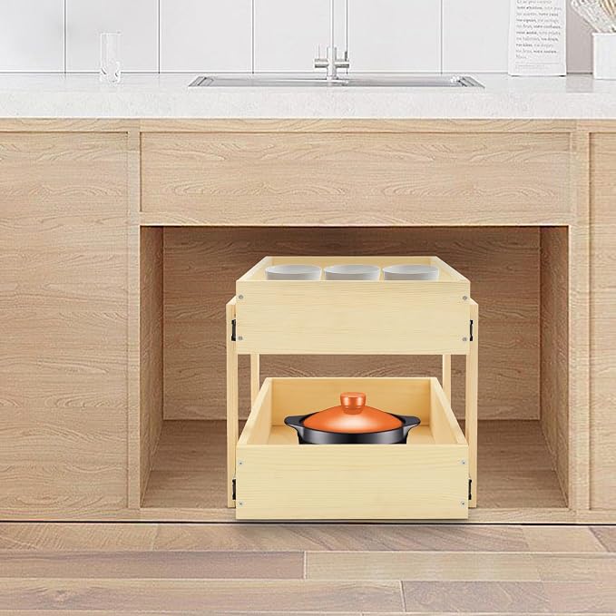 Pull out Cabinet Organizer, 2-pack, No Drill Adjustable Slide out Drawers for Kitchen,Pantry,Adhesive Roll out Shelves,for Cabinets Without Lip,White