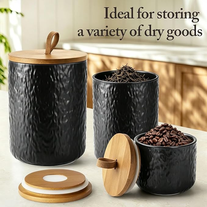 Ceramic Canister Set for Kitchen Countertop, 3 Airtight Food Storage Containers, Modern Coffee Storage Jars for Flour, Sugar, Pasta, Cookies, Tea(Black)