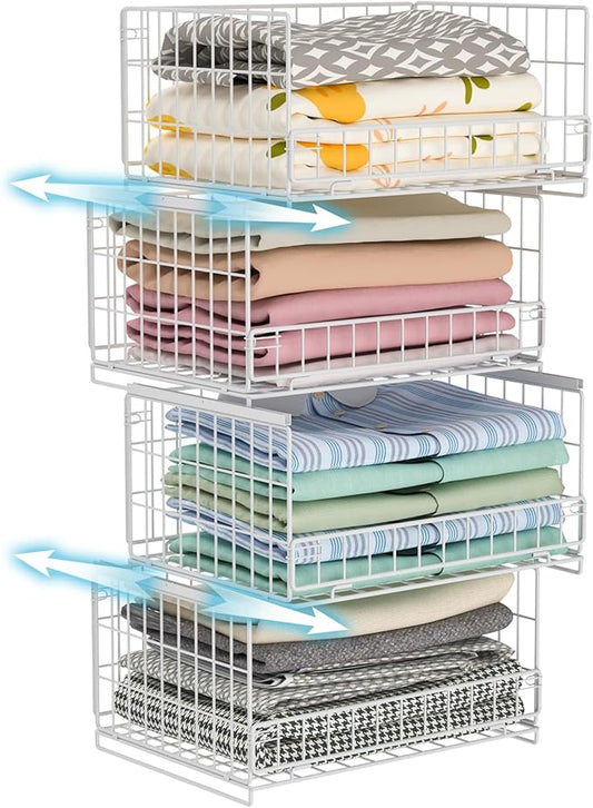 Hongtamoya 4-Tier Sliding Closet Organizers and Storage Shelves, Stackable Closet Shelf Organizer Basket Bins, Drawer Shelf Storage Container for Wardrobe Cupboard Kitchen Bathroom Office, White
