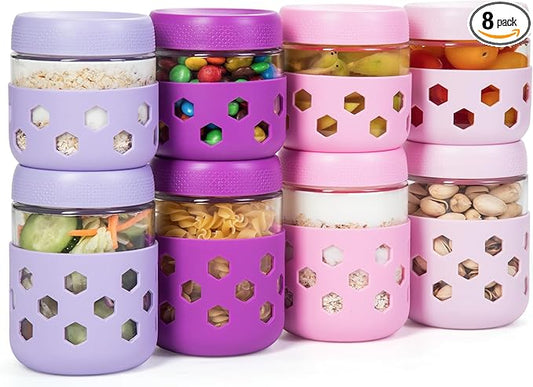Gemice 8-Pack Overnight Oats Containers with Lids and Colorful Sleeves, 16 oz & 10 oz Airtight Glass Chia Pudding Mason Jars, Dishwasher Safe, Wide Mouth Meal Prep Jar for Yogurt Oatmeal