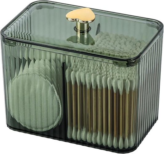 Tbestmax Qtip Holder Dispenser 3-Section Clear Cotton Swab/Pad/Ball Holder Container 3 Grids Bathroom Organizer Jar Cosmetics Storage for Vanity(Green)