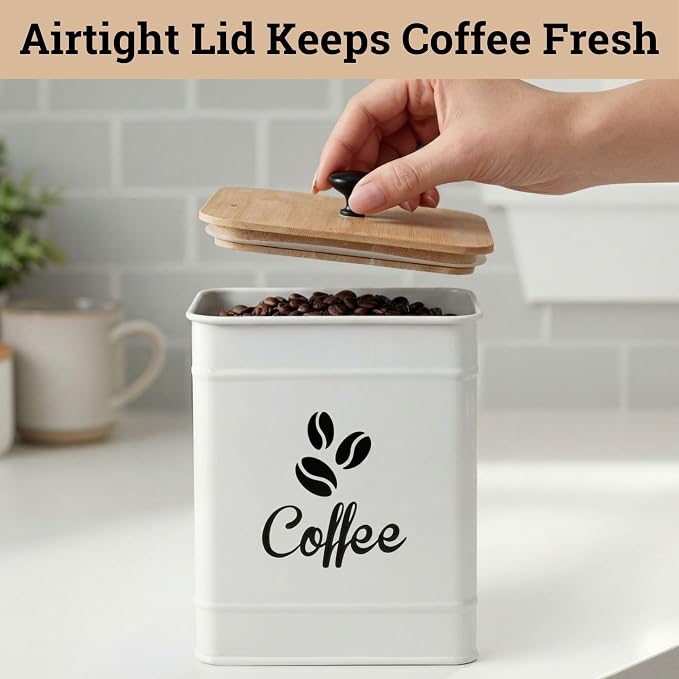 Airtight Coffee Canister - 40 oz Large Iron White Coffee Container Airtight - 6 x 8 inch Metal Jar - Stylish Countertop Container for Coffee Grounds, Beans, Pods & More with Rubber-Lined Bamboo Lid