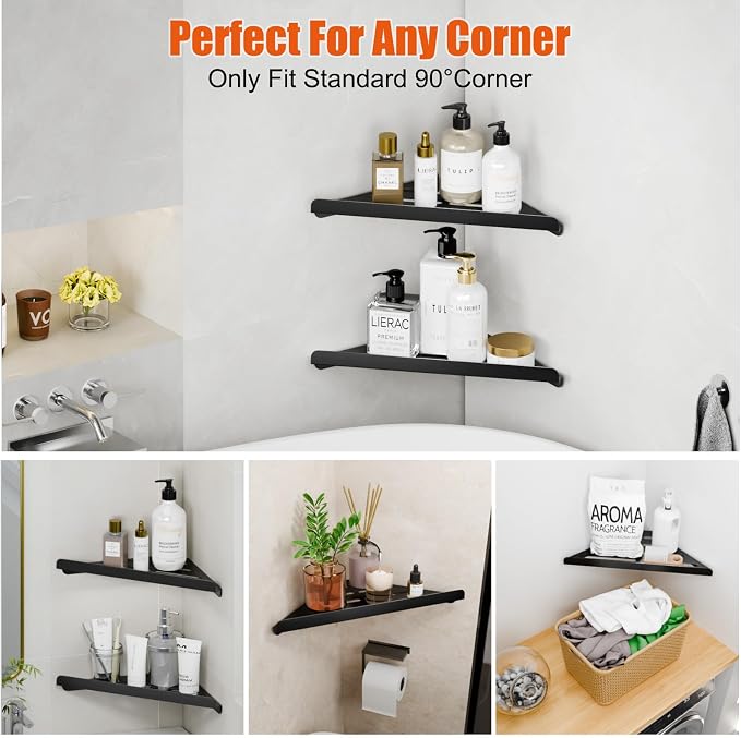 Fikoksol Shower Caddy, 4 Pack Bathroom Corner Shelf, Triangle Shelf Storage for Bathroom Shower, Black Metal Shower Shelf & Rustproof Wall Mounted Adhsive Glue Organizer Accessories and Essentials