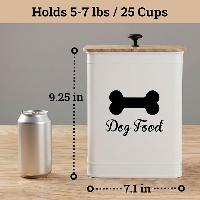 Dog Food Container Airtight 5-7 lb (25 Cup) Capacity - Cute Airtight Dog Food Storage Container with Bamboo Lid & Sturdy Metal Handle - White Metal Kibble Storage Bin for Dogs up to 50 lbs - Pet Jar